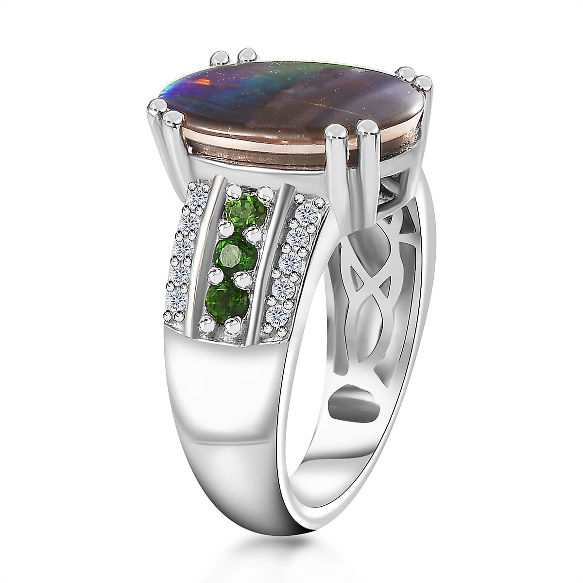 Canadian Ammolite and Multi Gemstone Ring in Platinum Over Sterling Silver (Size 6.0) 0.50 ctw image number 3