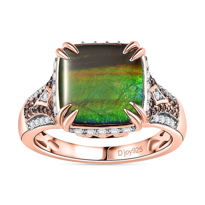 Canadian Ammolite, Brown and White Zircon Ring in Vermeil Rose Gold Over Sterling Silver (Size 10.0) 0.70 ctw