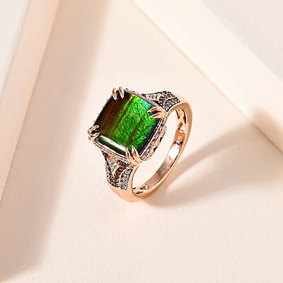 Canadian Ammolite, Brown and White Zircon Ring in Vermeil Rose Gold Over Sterling Silver (Size 10.0) 0.70 ctw