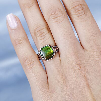 Canadian Ammolite, Brown and White Zircon Ring in Vermeil Rose Gold Over Sterling Silver (Size 10.0) 0.70 ctw