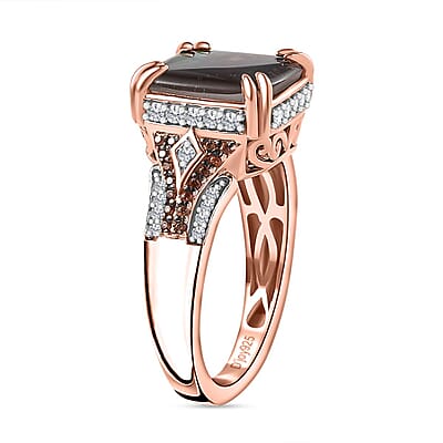Canadian Ammolite, Brown and White Zircon Ring in Vermeil Rose Gold Over Sterling Silver (Size 10.0) 0.70 ctw