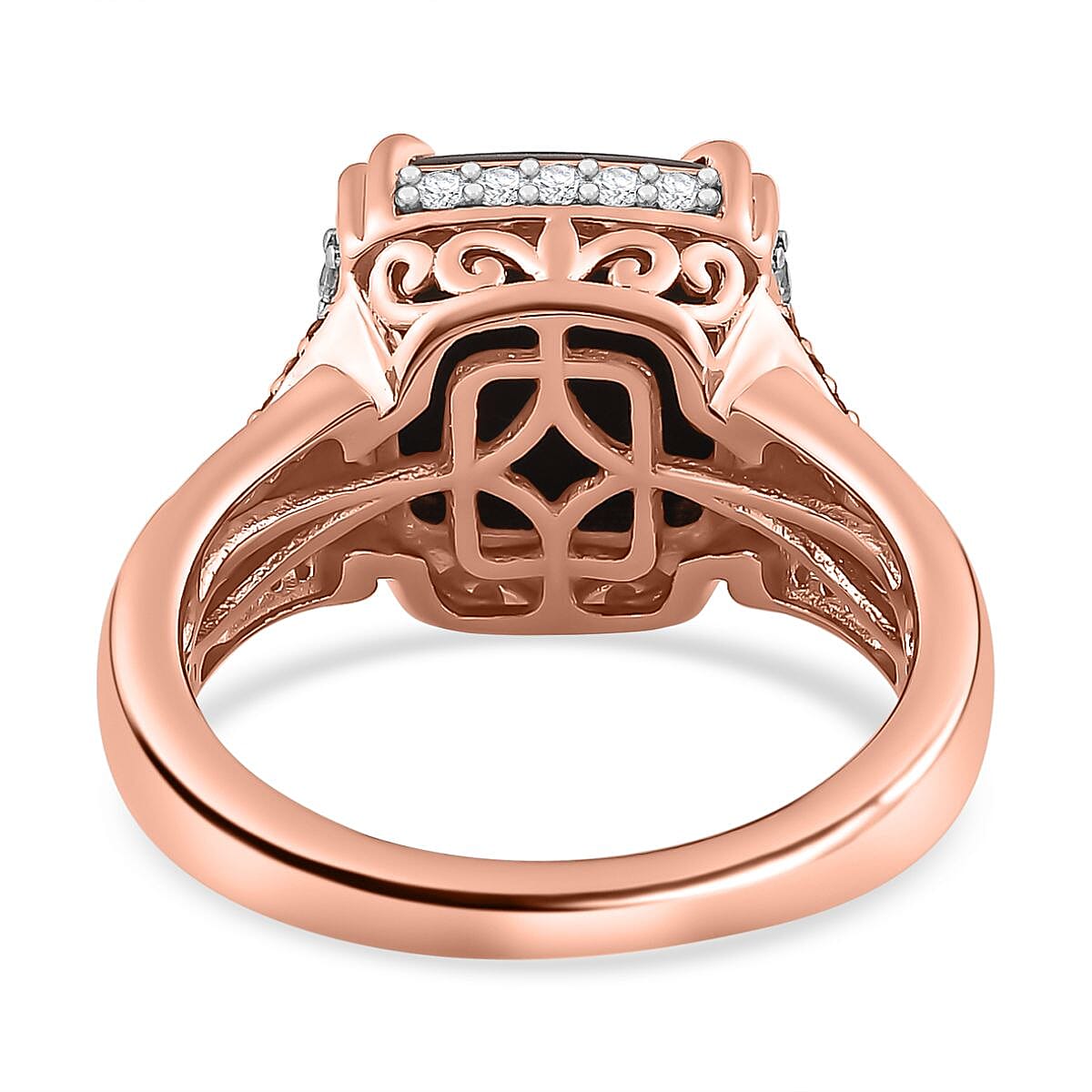 Canadian Ammolite, Brown and White Zircon Ring in Vermeil Rose Gold Over Sterling Silver (Size 10.0) 0.70 ctw