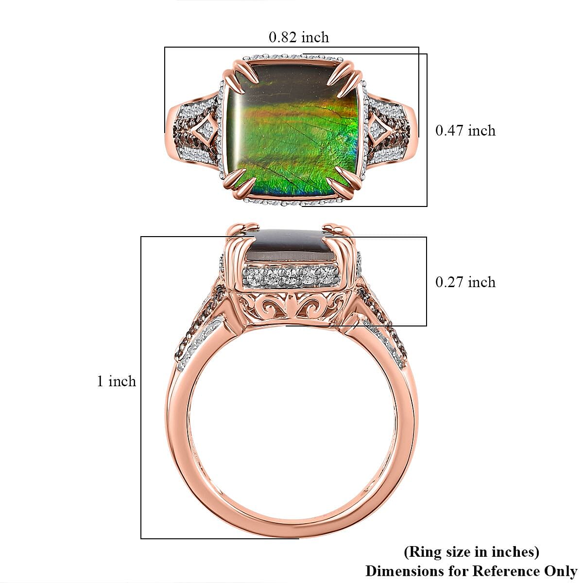 Canadian Ammolite, Brown and White Zircon Ring in Vermeil Rose Gold Over Sterling Silver (Size 10.0) 0.70 ctw