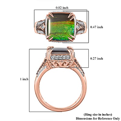 Canadian Ammolite, Brown and White Zircon Ring in Vermeil Rose Gold Over Sterling Silver (Size 10.0) 0.70 ctw