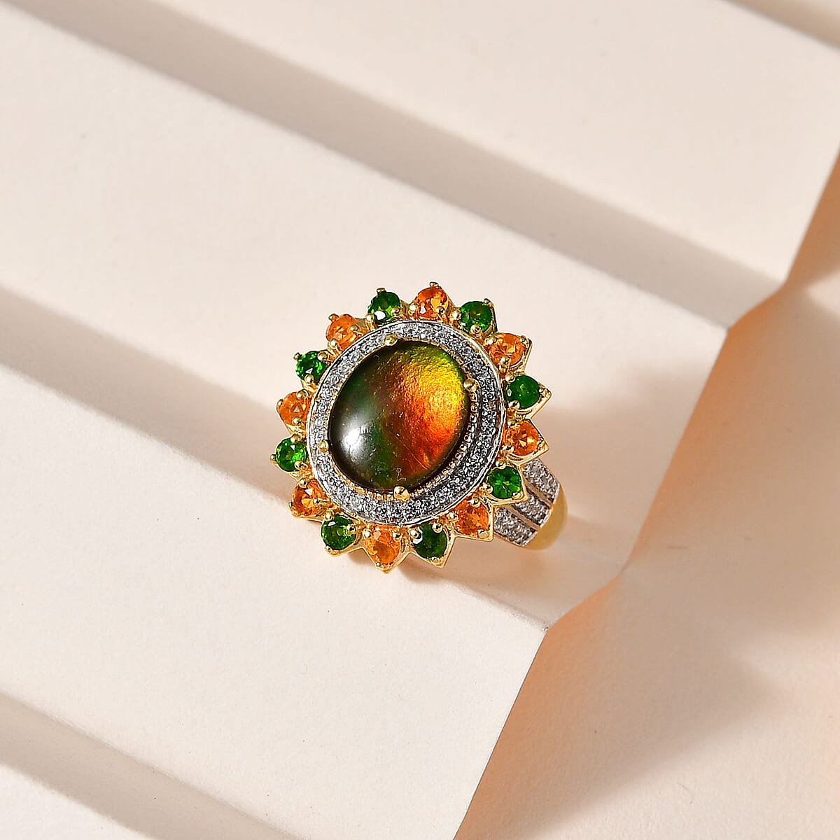 Canadian Ammolite and Multi Gemstone Floral Ring in Vermeil Yellow Gold Over Sterling Silver (Size 6.0) 1.75 ctw image number 1