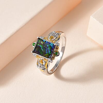 Canadian Ammolite and Chrome Diopside Ring in Vermeil YG and Platinum Over Sterling Silver (Size 10.0)