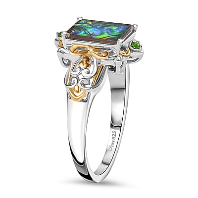 Canadian Ammolite and Chrome Diopside Ring in Vermeil YG and Platinum Over Sterling Silver (Size 10.0)