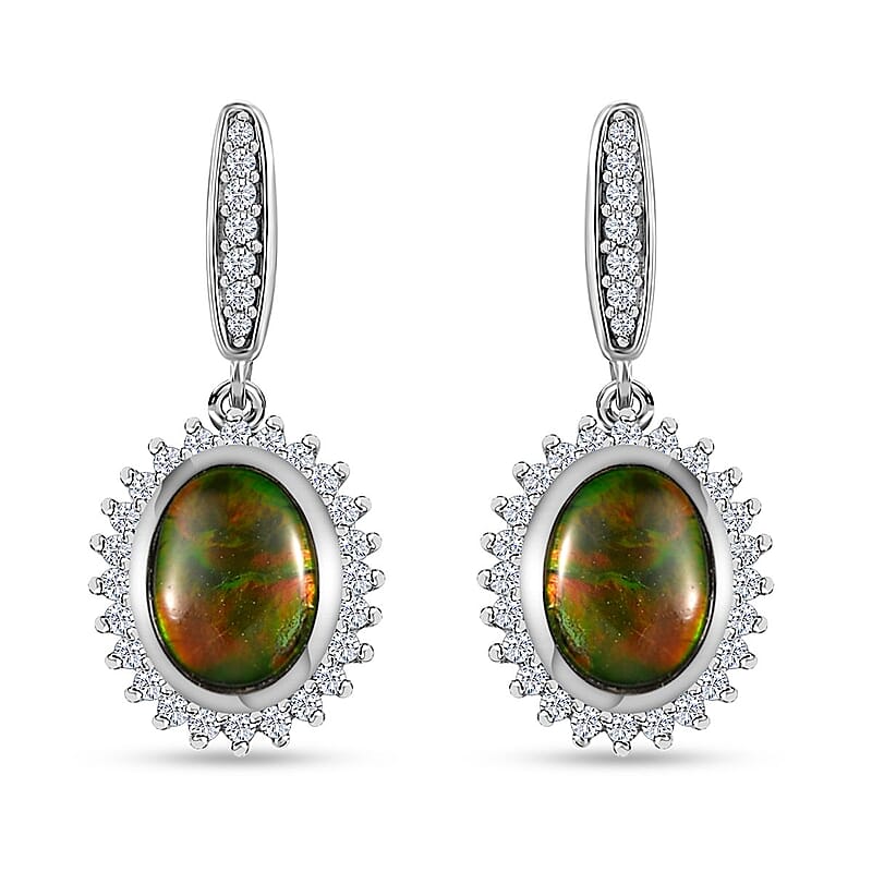 Canadian Ammolite and White Zircon Halo Dangle Earrings in Platinum Over Sterling Silver 0.60 ctw