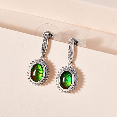 Canadian Ammolite and White Zircon Halo Dangle Earrings in Platinum Over Sterling Silver 0.60 ctw