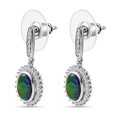 Canadian Ammolite and White Zircon Halo Dangle Earrings in Platinum Over Sterling Silver 0.60 ctw
