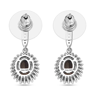 Canadian Ammolite and White Zircon Halo Dangle Earrings in Platinum Over Sterling Silver 0.60 ctw