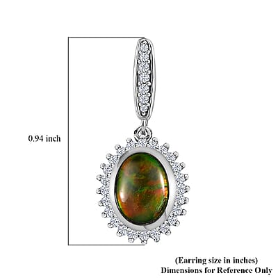 Canadian Ammolite and White Zircon Halo Dangle Earrings in Platinum Over Sterling Silver 0.60 ctw