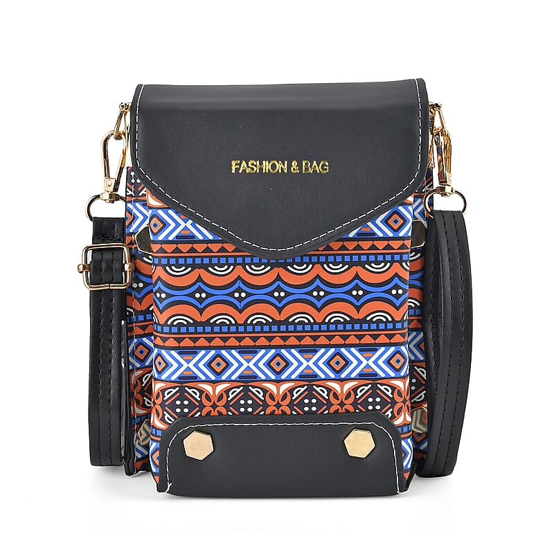 Orange with Blue Color Faux Leather Crossbody Bag with Shoulder Strap