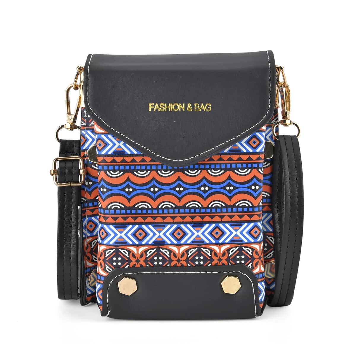 Orange with Blue Color Minority Pattern Faux Leather Crossbody Bag with Shoulder Strap image number 0