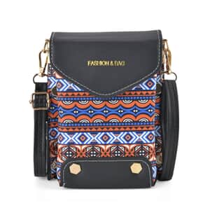 Orange with Blue Color Minority Pattern Faux Leather Crossbody Bag with Shoulder Strap