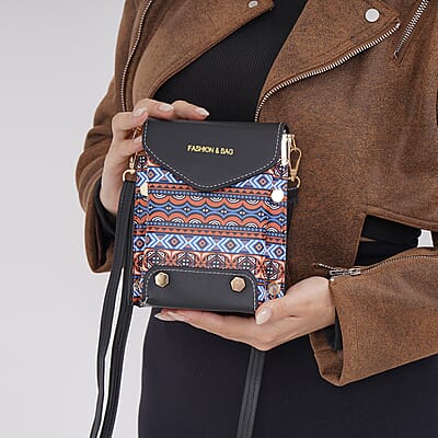 Orange with Blue Color Faux Leather Crossbody Bag with Shoulder Strap