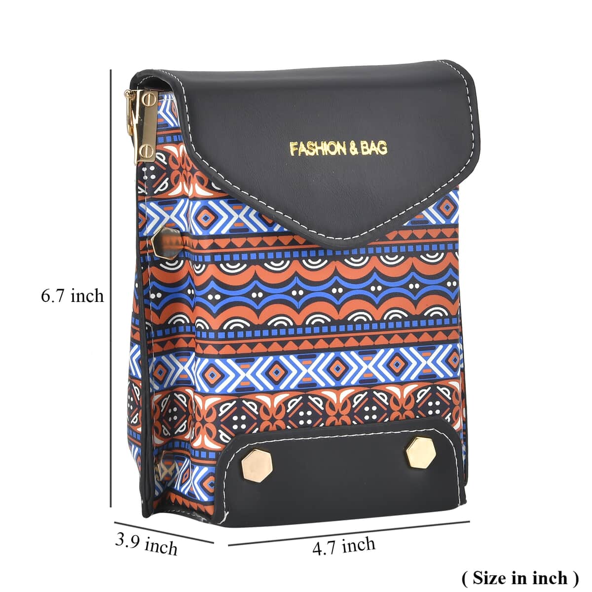 Orange with Blue Color Minority Pattern Faux Leather Crossbody Bag with Shoulder Strap image number 5