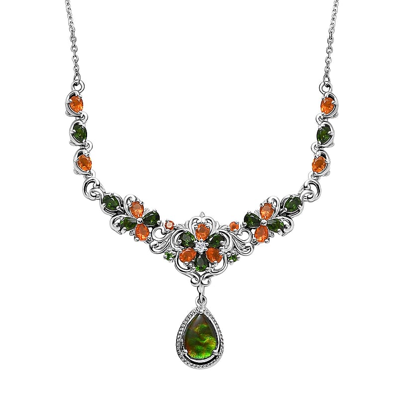 Canadian Ammolite and Multi Gemstone Necklace 18-20 Inches in Platinum Over Sterling Silver 3.60 ctw