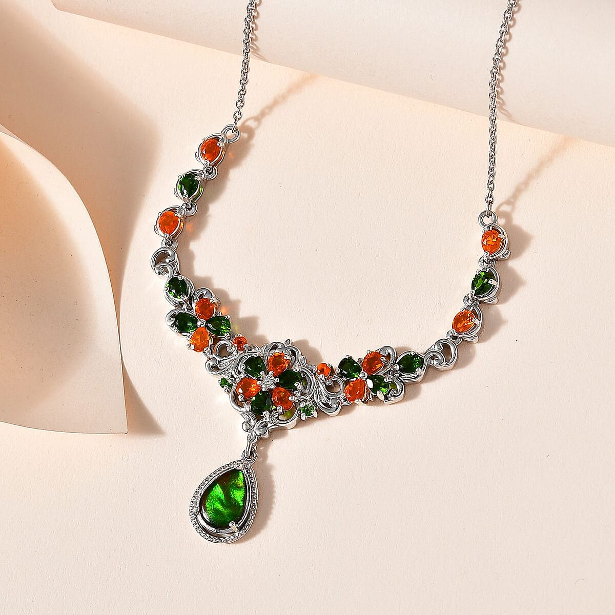 Canadian Ammolite and Multi Gemstone Necklace 18-20 Inches in Platinum Over Sterling Silver 3.60 ctw image number 1
