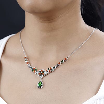 Canadian Ammolite and Multi Gemstone Necklace 18-20 Inches in Platinum Over Sterling Silver 3.60 ctw