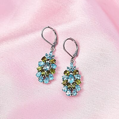 Betroka Blue Apatite and Multi Gemstone 5.15 ctw Lever Back Earrings in Platinum Over Sterling Silver