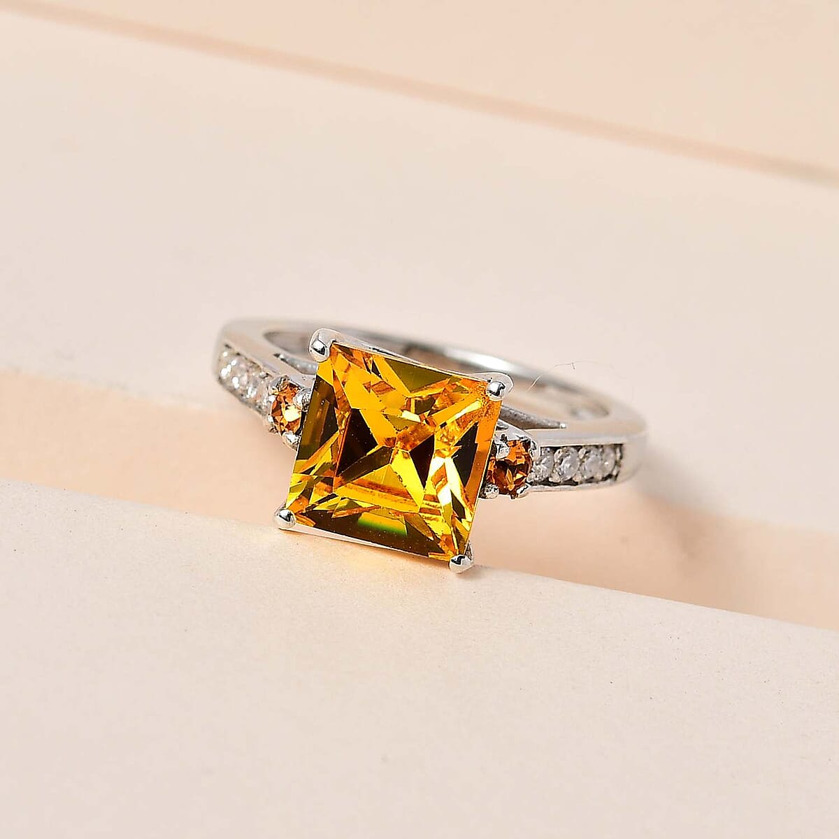 Designer Premium Sunflower and Topaz Color Austrian Crystal, Simulated Diamond Ring in Platinum Over Sterling Silver (Size 6.0) image number 1