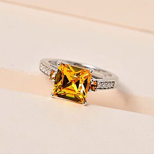 Designer Premium Sunflower and Topaz Color Austrian Crystal, Simulated Diamond Ring in Platinum Over Sterling Silver (Size 6.0)