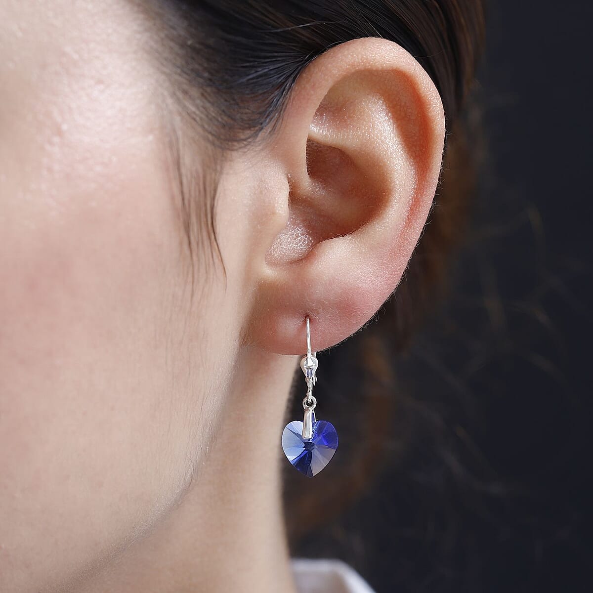 Designer Premium Sapphire Color Austrian Crystal Heart Earrings in Sterling Silver image number 2