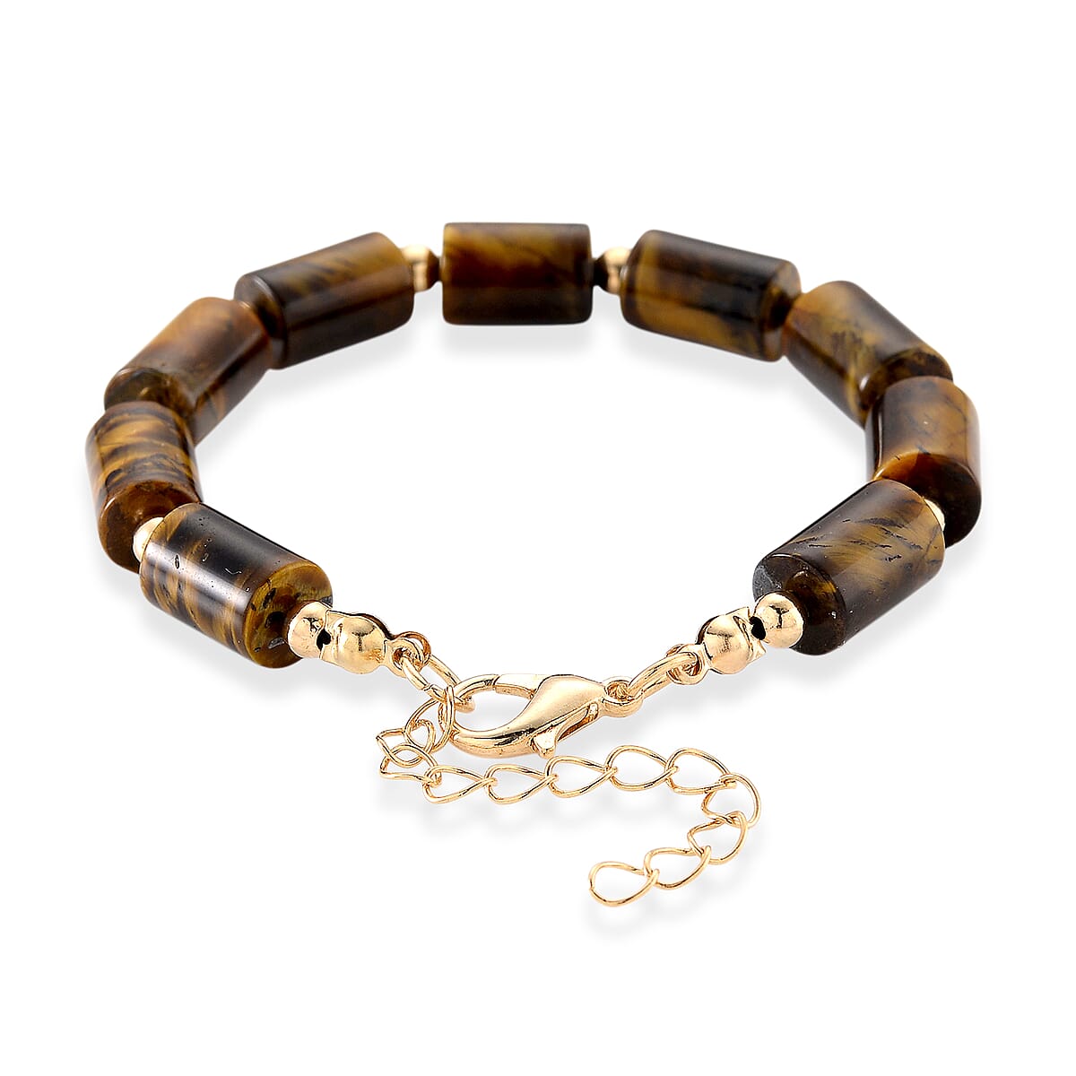Yellow Tigers Eye 93.65 ctw Barrel Bracelet in Goldtone (7-9In) image number 3