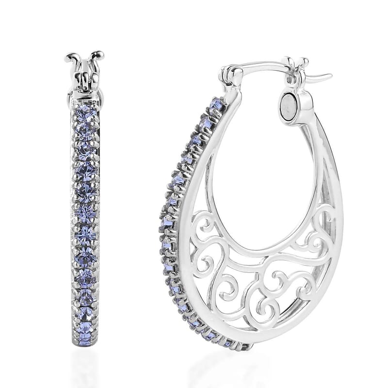 Designer Premium Tanzanite Color Austrian Crystal Hoop Earrings in Platinum Over Copper
