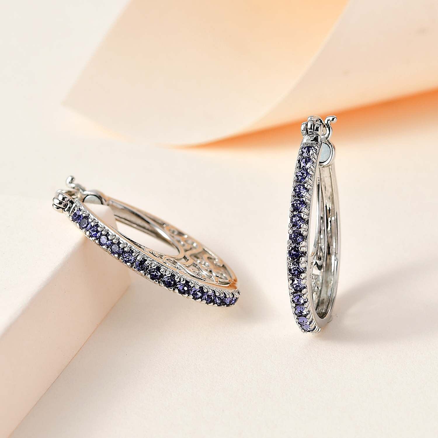 Designer Premium Tanzanite Color Austrian Crystal Hoop Earrings in Platinum Over Copper