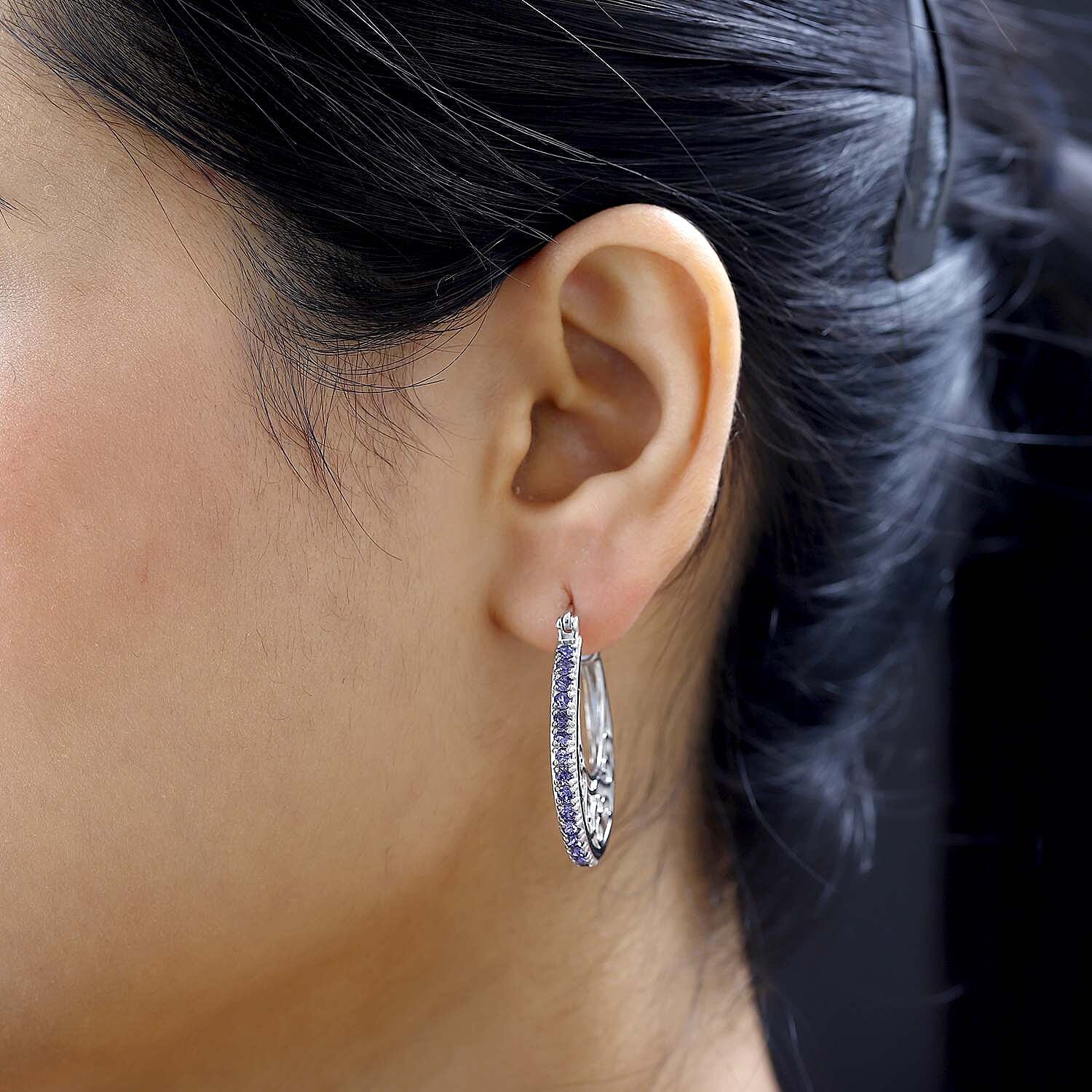 Designer Premium Tanzanite Color Austrian Crystal Hoop Earrings in Platinum Over Copper