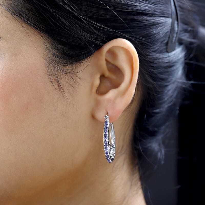 Designer Premium Tanzanite Color Austrian Crystal Hoop Earrings in Platinum Over Copper