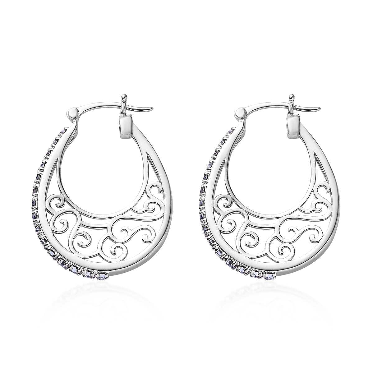 Designer Premium Tanzanite Color Austrian Crystal Hoop Earrings in Platinum Over Copper