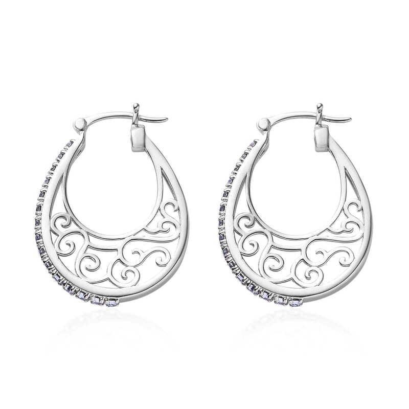 Designer Premium Tanzanite Color Austrian Crystal Hoop Earrings in Platinum Over Copper