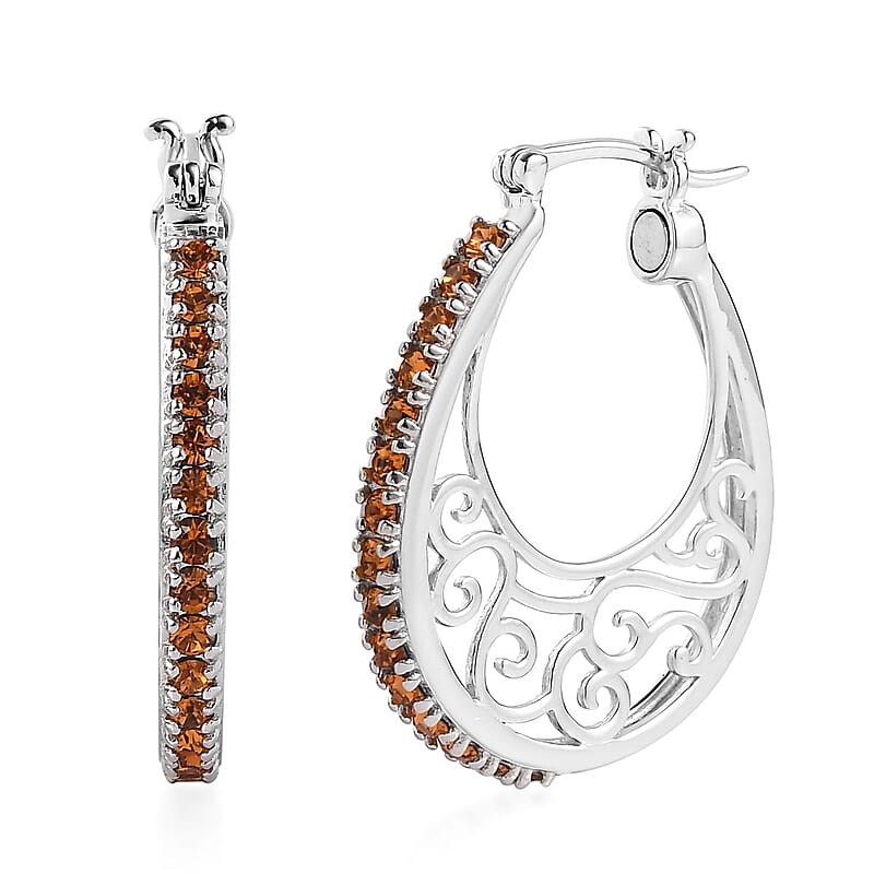 Designer Premium Topaz Color Austrian Crystal Hoop Earrings in Platinum Over Copper