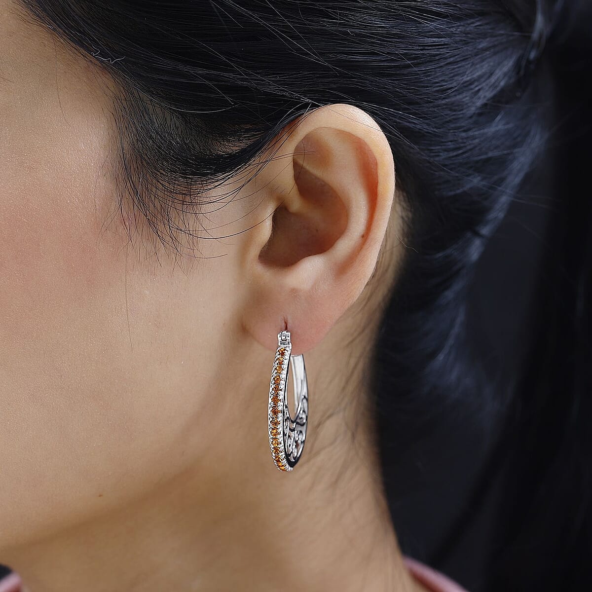 Designer Premium Topaz Color Austrian Crystal Hoop Earrings in Platinum Over Copper image number 2