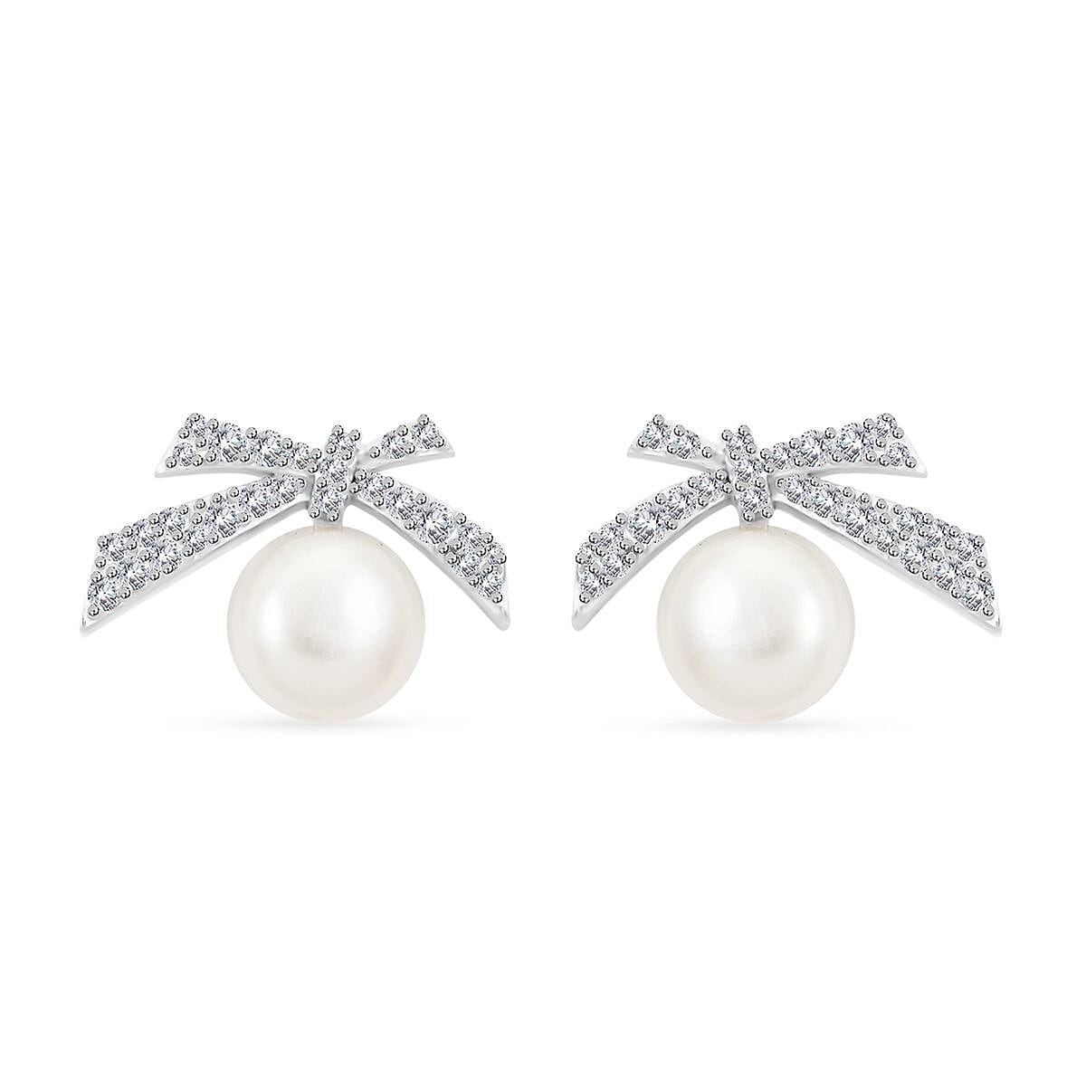 Freshwater Pearl and Simulated Diamond Bow Stud Earrings in Rhodium Over Sterling Silver 0.25 ctw