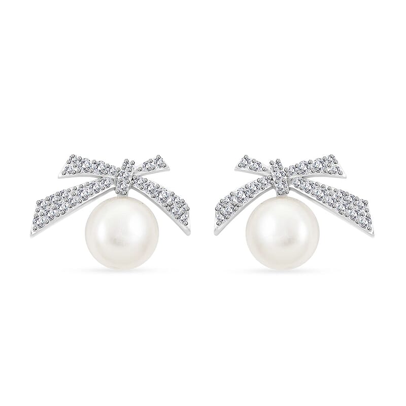 Freshwater Pearl and Simulated Diamond Bow Stud Earrings in Rhodium Over Sterling Silver 0.25 ctw