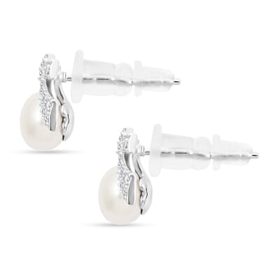Freshwater Pearl and Simulated Diamond Bow Stud Earrings in Rhodium Over Sterling Silver 0.25 ctw