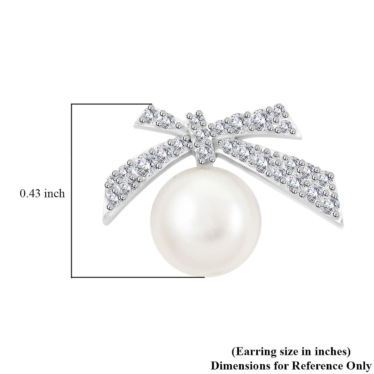 Freshwater Pearl and Simulated Diamond Bow Stud Earrings in Rhodium Over Sterling Silver 0.25 ctw