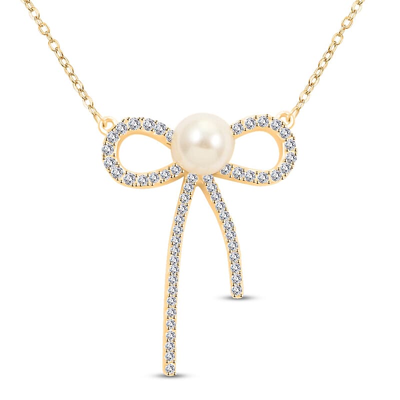 Freshwater Pearl and Simulated Diamond Bow Necklace 18 Inches in 14K Yellow Gold Over Sterling Silver 0.30 ctw