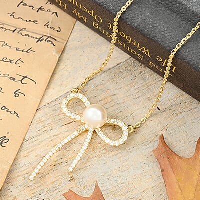 Freshwater Pearl and Simulated Diamond Bow Necklace 18 Inches in 14K Yellow Gold Over Sterling Silver 0.30 ctw