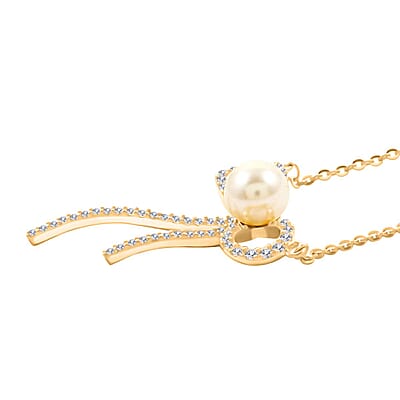 Freshwater Pearl and Simulated Diamond Bow Necklace 18 Inches in 14K Yellow Gold Over Sterling Silver 0.30 ctw