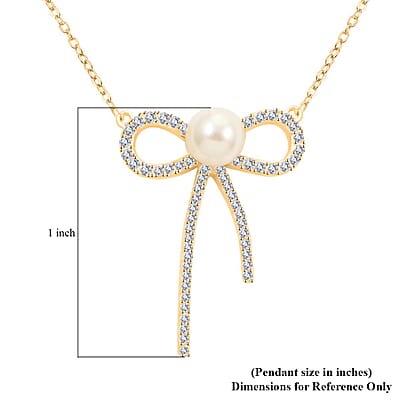 Freshwater Pearl and Simulated Diamond Bow Necklace 18 Inches in 14K Yellow Gold Over Sterling Silver 0.30 ctw