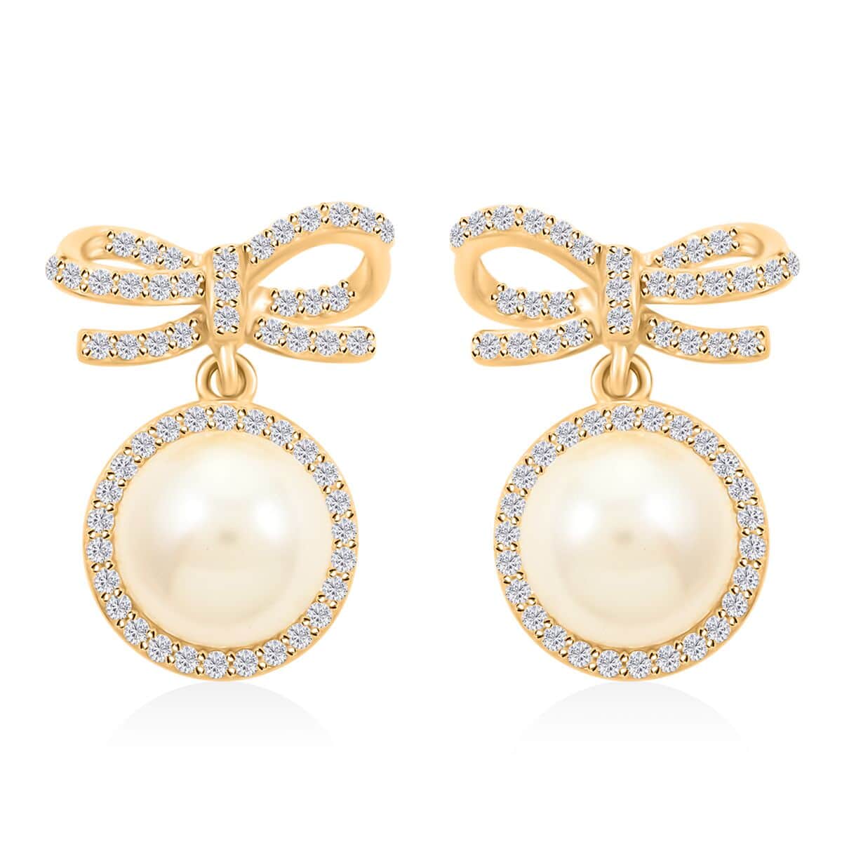 Freshwater Pearl and Simulated Diamond Bow Stud Earrings in 14K Yellow Gold Over Sterling Silver 0.40 ctw image number 0