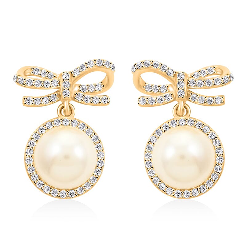 Freshwater Pearl and Simulated Diamond Bow Stud Earrings in 14K Yellow Gold Over Sterling Silver 0.40 ctw