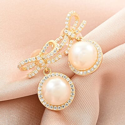 Freshwater Pearl and Simulated Diamond Bow Stud Earrings in 14K Yellow Gold Over Sterling Silver 0.40 ctw
