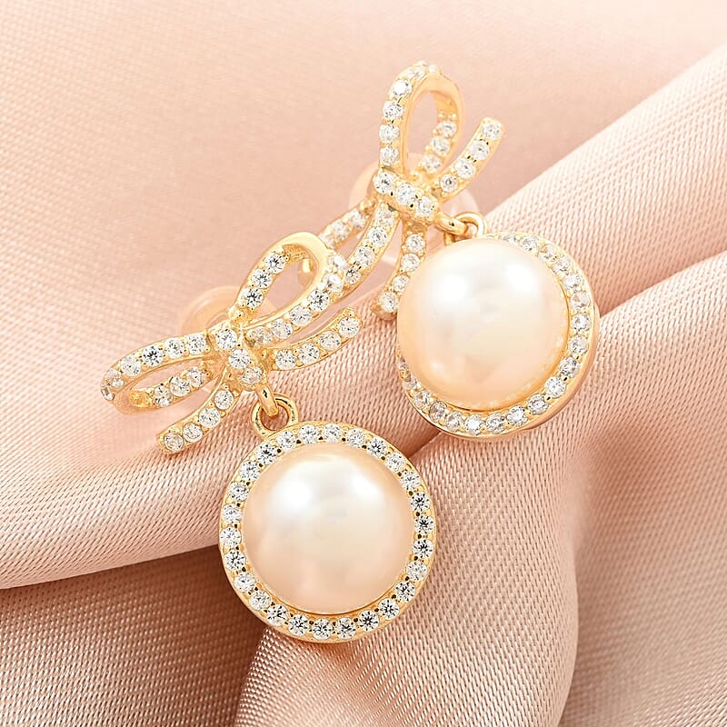 Freshwater Pearl and Simulated Diamond Bow Stud Earrings in 14K Yellow Gold Over Sterling Silver 0.40 ctw