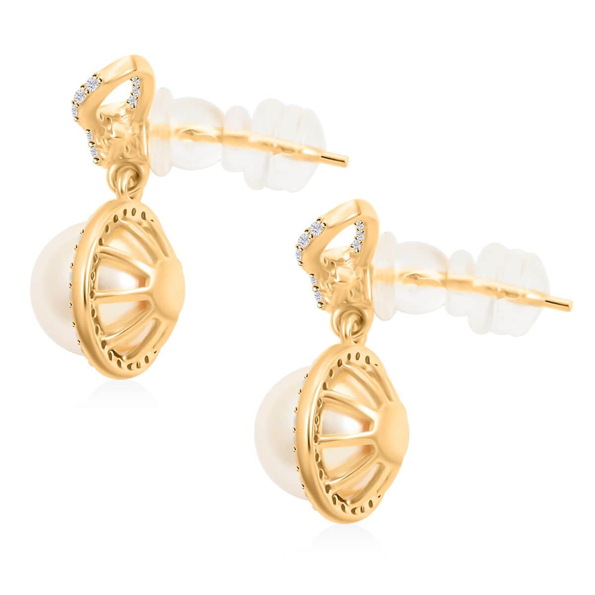 Freshwater Pearl and Simulated Diamond Bow Stud Earrings in 14K Yellow Gold Over Sterling Silver 0.40 ctw image number 3